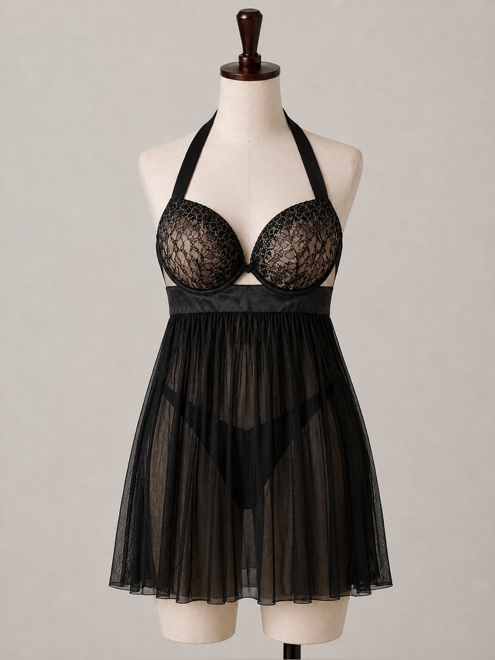 Victoria's Secret Black Lace-Overlay Chemise with Nude Cups